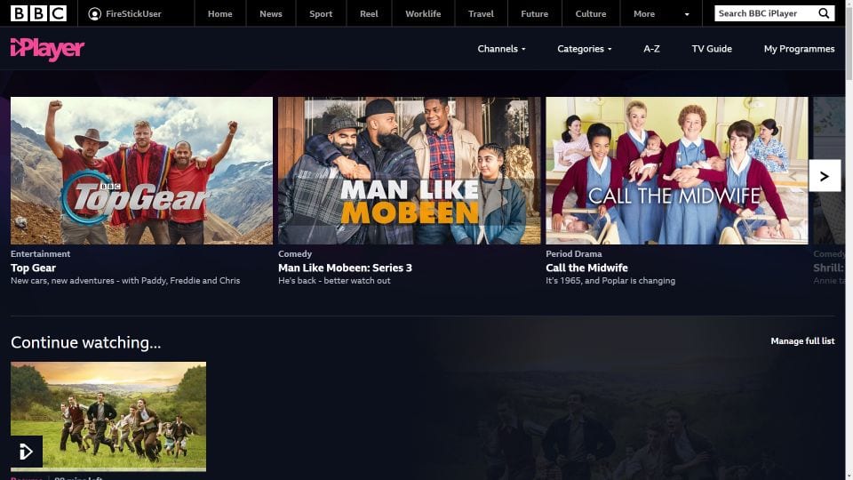 bbc iplayer 홈 화면